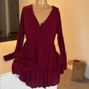 NWT New In Tiered Boho Cottagecore Wine 100% Cotton Midi Dress L